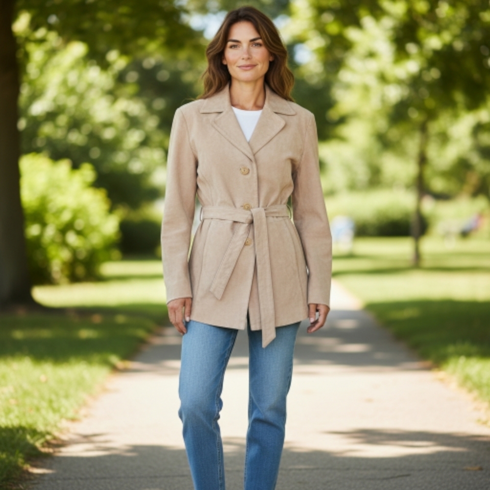 Suede Leather Jacket with Belt Tan